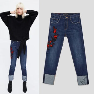 Zara Floral Embroidered Cigarette Jeans Dark Wash‎